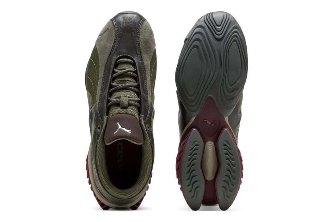 PUMA CELL GEO 1 Galactic Dust/Loden vista desde arriba y desde abajo, con la capellada verde oliva, la lengüeta marrón y la suela con la pieza bordó del talón