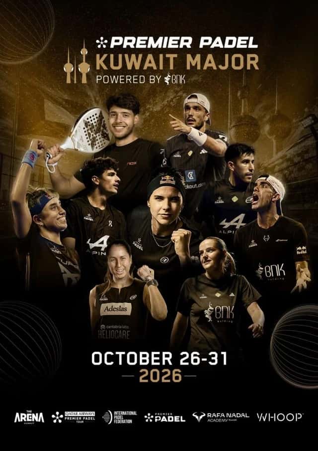 Afiche oficial del Kuwait Major de Premier Padel, con jugadores y jugadoras del circuito y la leyenda «October 26-31, 2026»