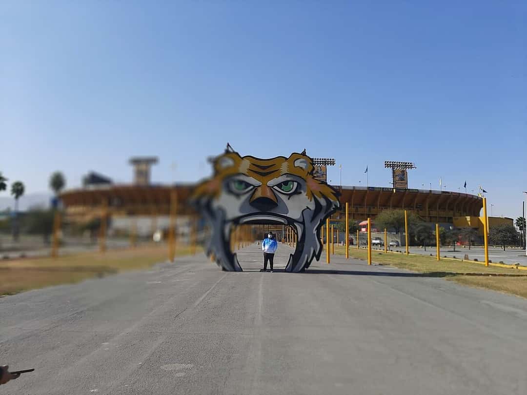 La entrada al predio del estadio Universitario, con la escultura de una cabeza de tigre en el camino de acceso y las torres de iluminación de fondo; foto de archivo de diciembre de 2020 (foto: Carlos t, Wikimedia Commons, licencia CC BY-SA 4.0)