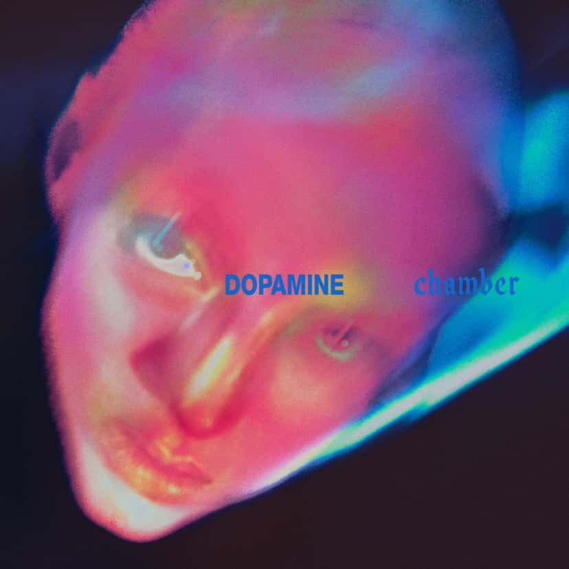Portada oficial de «Dopamine Chamber» de Fontaines D.C.: un rostro desenfocado en tonos rosas y azules con el título en letras azules