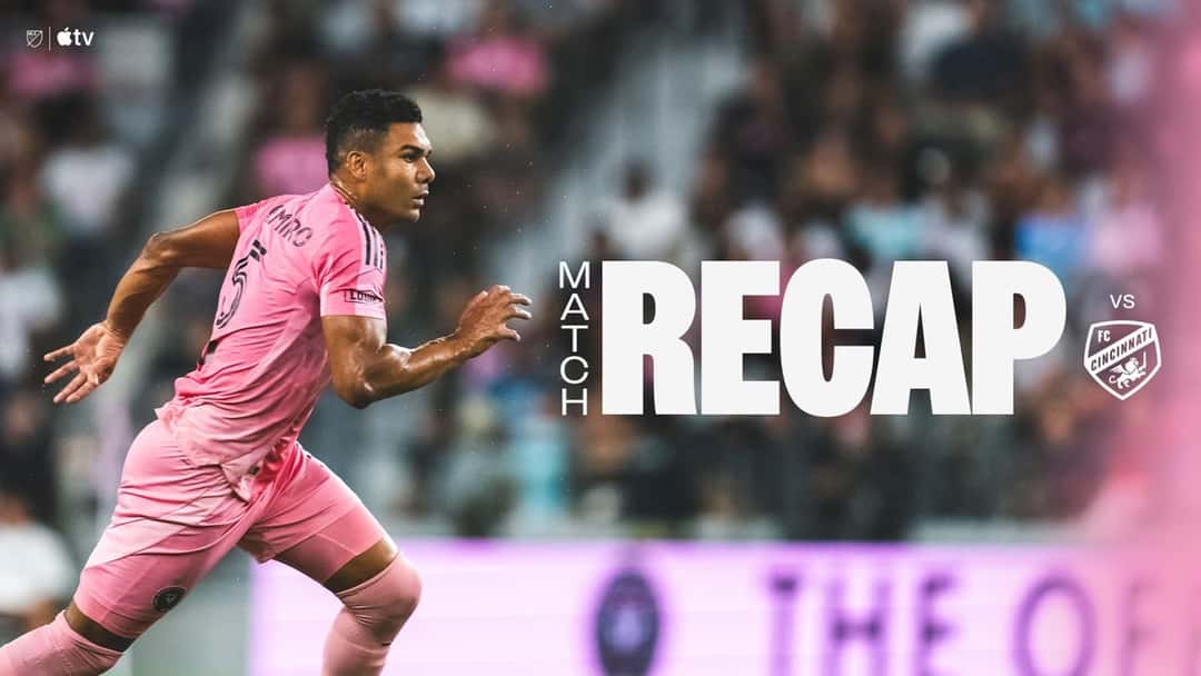 Placa oficial del Inter Miami con el resumen del partido con FC Cincinnati, con un jugador del equipo con la camiseta rosa corriendo en la cancha (imagen: prensa Inter Miami CF)