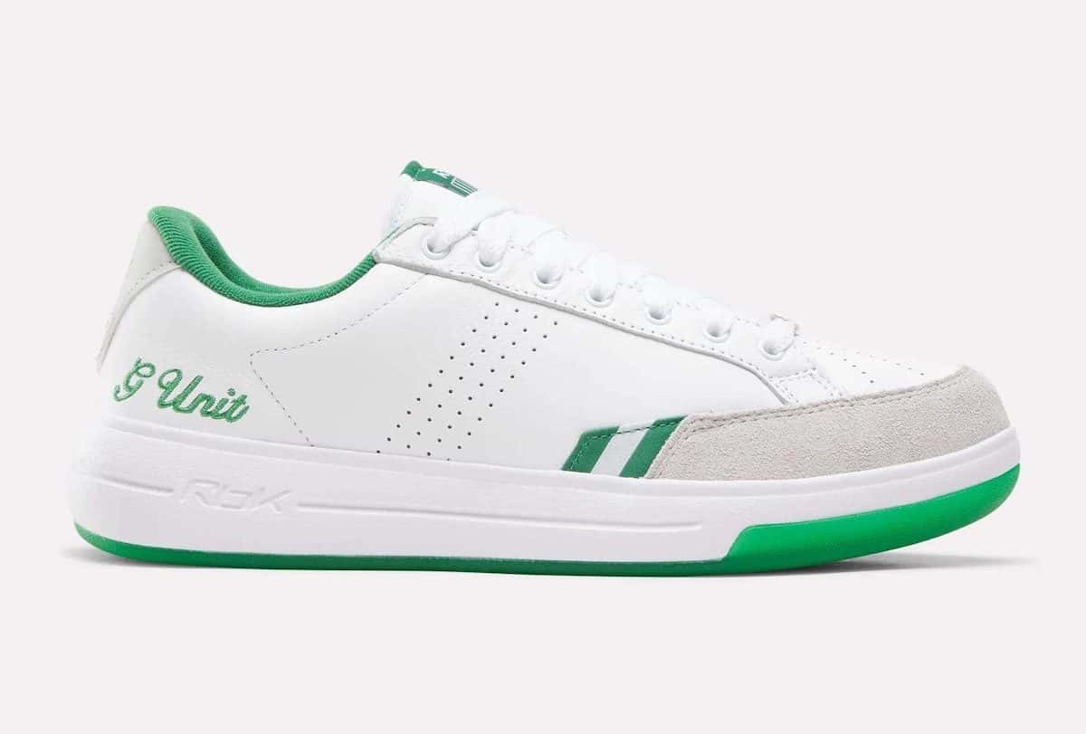 Reebok G-Unit G6 White/Green de perfil, de cuero blanco con la firma G Unit en verde, gamuza clara en la punta y suela verde