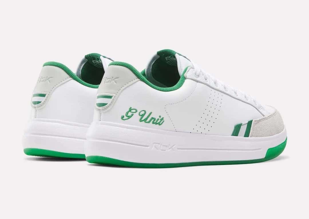 Par de Reebok G-Unit G6 White/Green visto desde atrás, con el forro verde y la firma G Unit en el costado