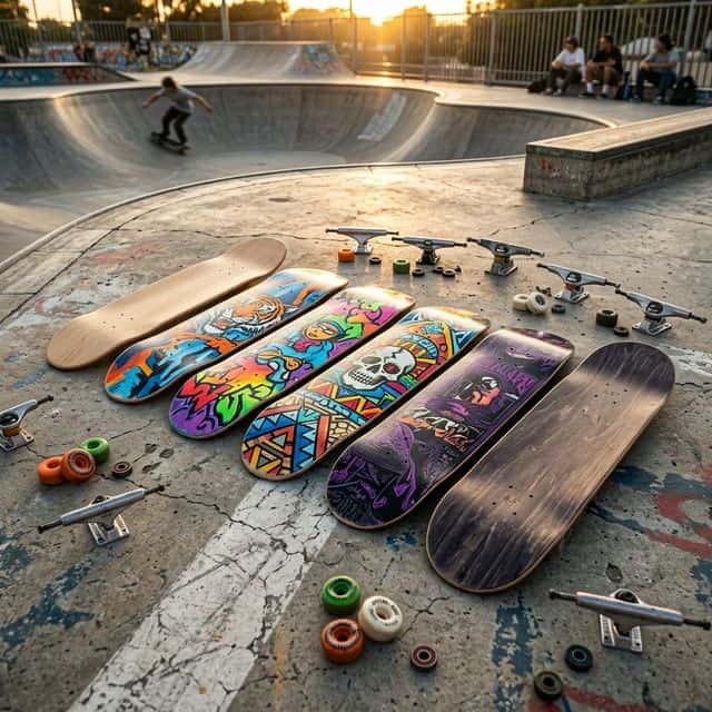 Tablas de skate de distintos tamaños en un skatepark al atardecer con trucks y ruedas