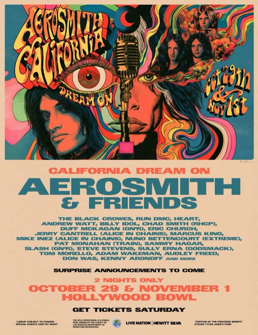 Afiche oficial de «California Dream On: Aerosmith & Friends»: ilustración psicodélica con un micrófono y retratos de la banda, las fechas 29 de octubre y 1 de noviembre en el Hollywood Bowl y la lista de invitados
