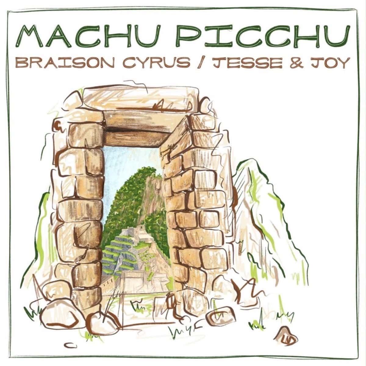 Portada oficial de «Machu Picchu», de Braison Cyrus y Jesse & Joy: un dibujo de una puerta de piedra inca con la montaña de Machu Picchu detrás, sobre fondo blanco