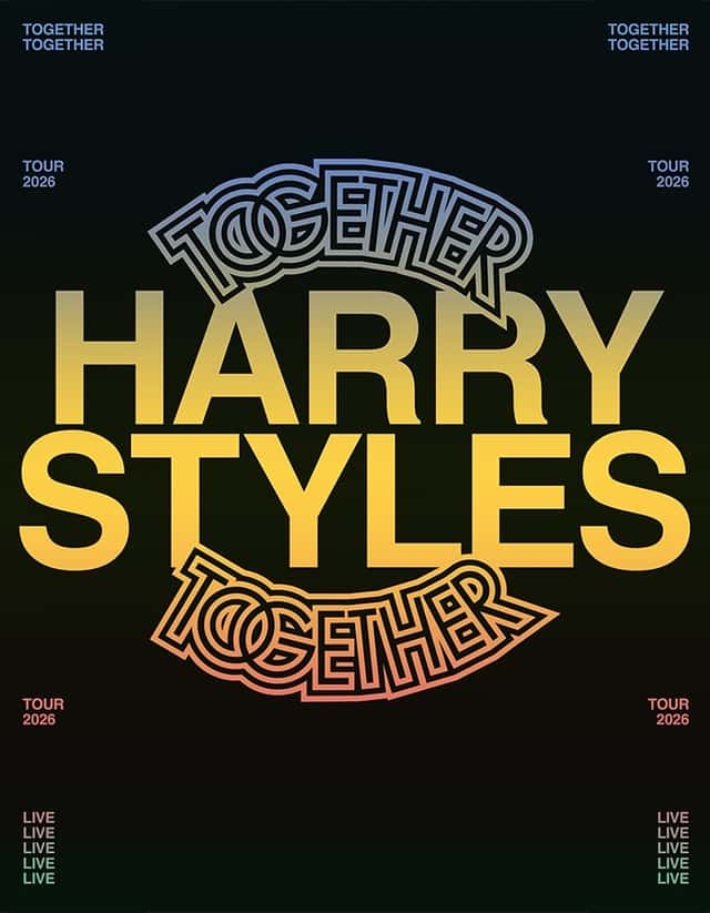 Afiche oficial de la gira Together, Together de Harry Styles: su nombre en grandes letras amarillas sobre fondo negro, rodeado por la palabra Together en letras de contorno
