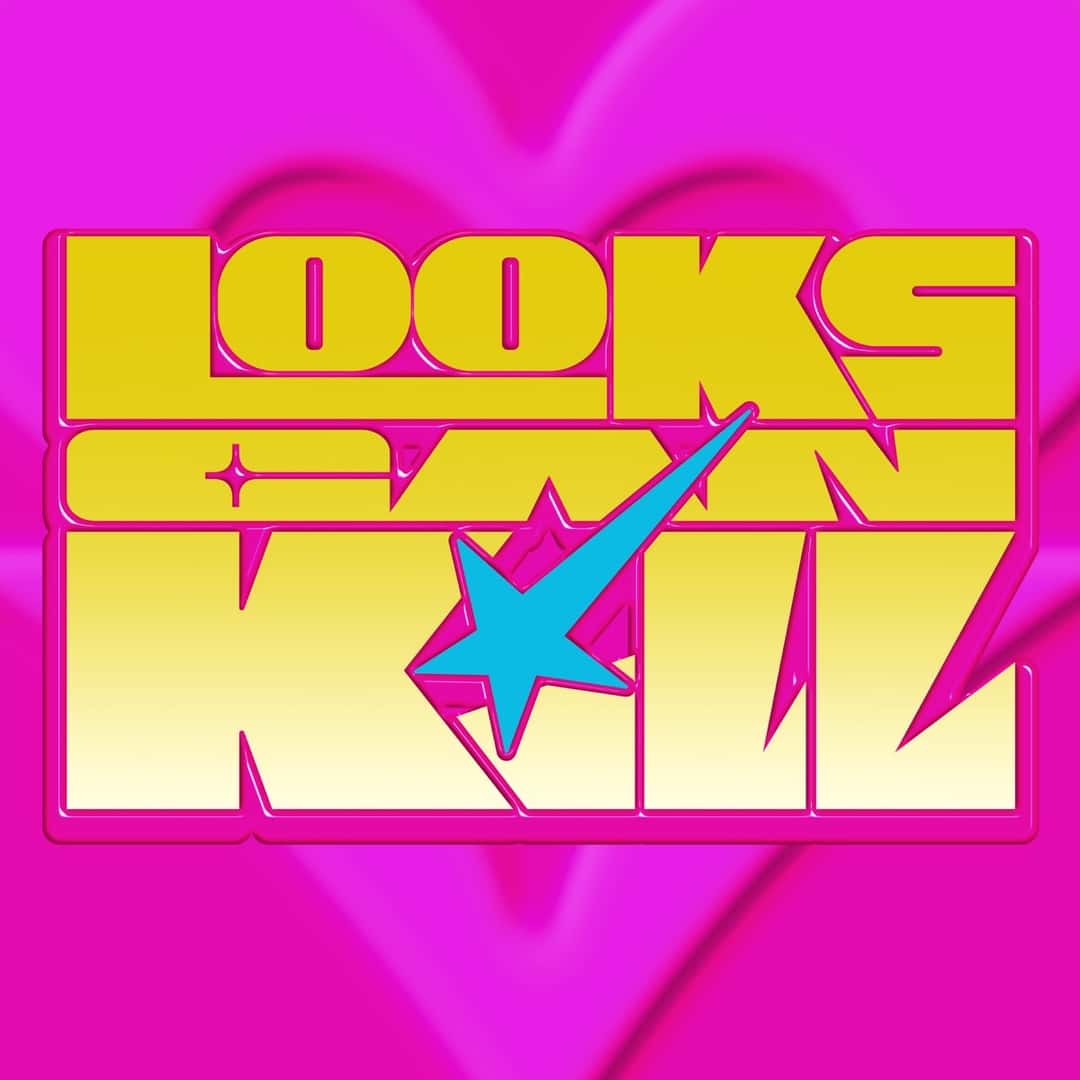 Portada del adelanto «Looks Can Kill», de IVE: el título en letras amarillas con borde fucsia y una estrella celeste, sobre un fondo rosa con un corazón
