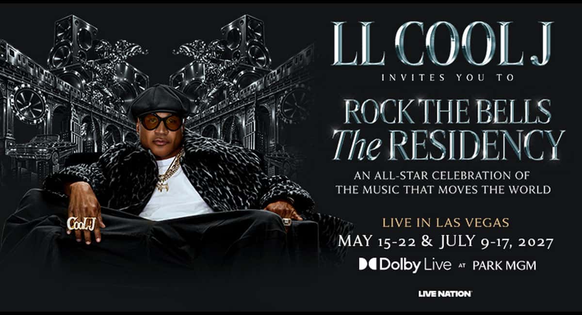 Afiche oficial de «Rock the Bells: The Residency»: LL Cool J sentado, con boina negra, anteojos de sol naranjas, tapado de piel con manchas y un anillo dorado con su nombre, delante de una ciudad dibujada con parlantes gigantes, y a la derecha las fechas del 15 al 22 de mayo y del 9 al 17 de julio de 2027 en el Dolby Live del Park MGM