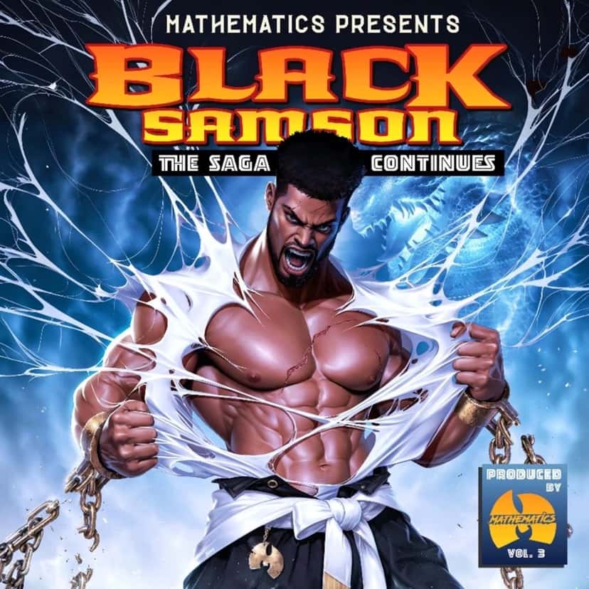 Portada de «Black Samson: The Saga Continues»: un guerrero ilustrado rompe su camisa y unas cadenas, con un cielo azul de rayos detrás y el logo del Wu-Tang abajo