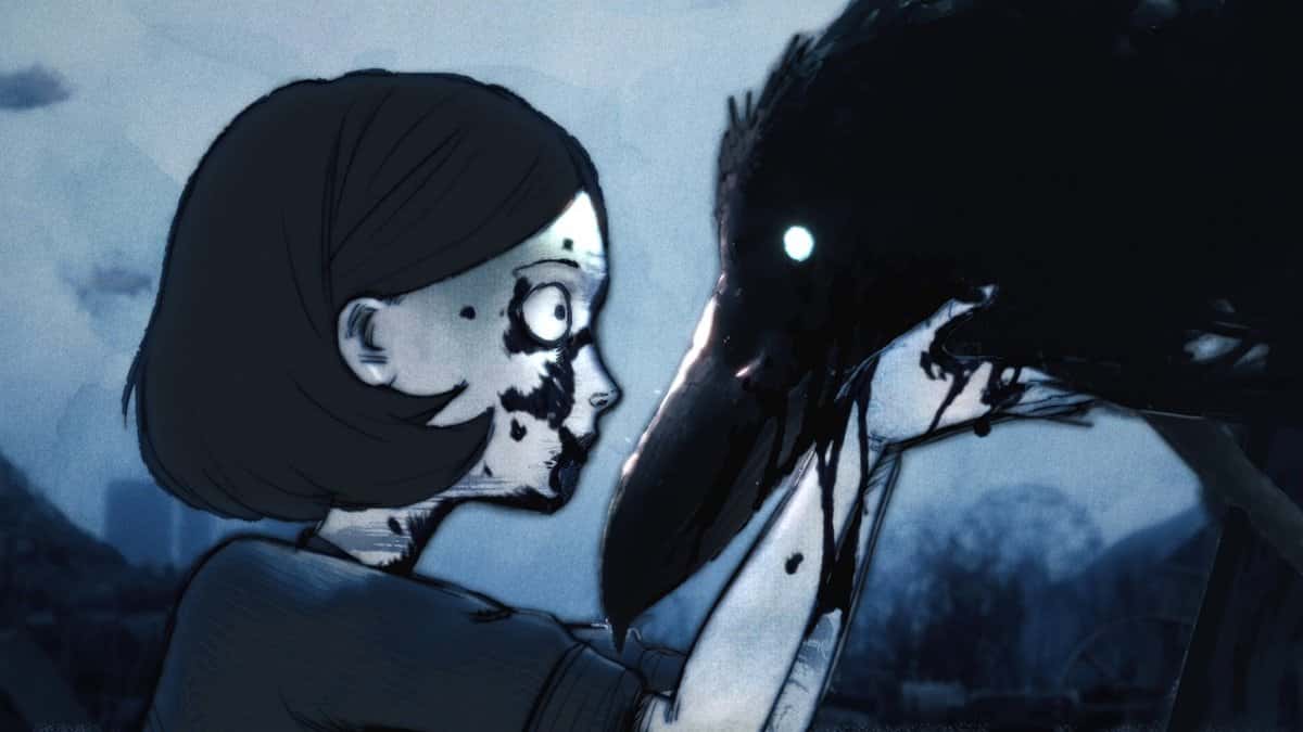 Dibujo animado en tonos azules y grises de una chica de pelo corto, con manchas negras en la cara, frente a un enorme pájaro negro de ojo brillante, en una imagen oficial de «Prelude to The End»