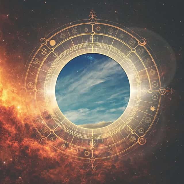 Portada oficial de «Everything Under the Sun», de Nickelback: un anillo dorado con símbolos astronómicos que enmarca un círculo de cielo azul con nubes, sobre un fondo de espacio