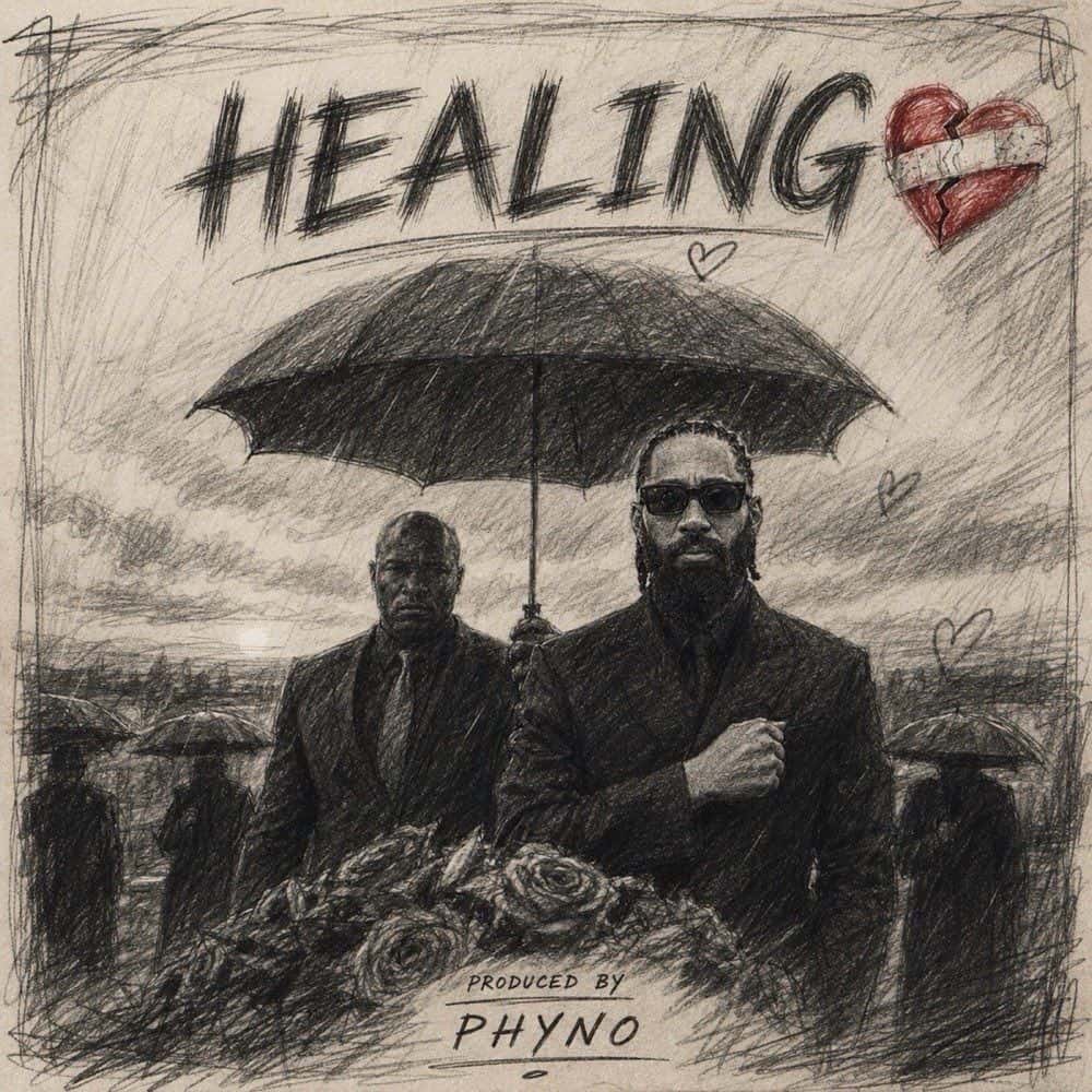 Portada del single «Healing», de Phyno: un dibujo a lápiz de dos hombres de traje bajo un paraguas, entre otras personas, con el título y un corazón roto en rojo