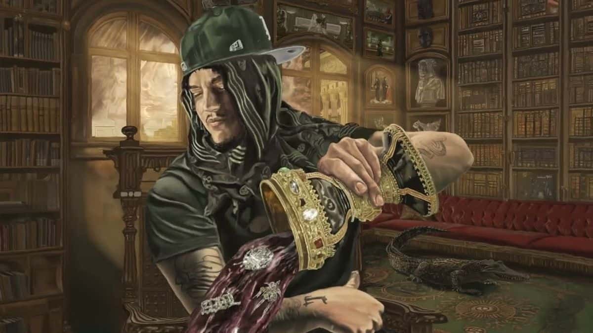 Arte oficial de «Luh Leakyz Vol. 1»: una pintura de un personaje con gorra verde y anillos, sentado en una biblioteca antigua, vertiendo un líquido rojo desde una copa dorada con forma de corona