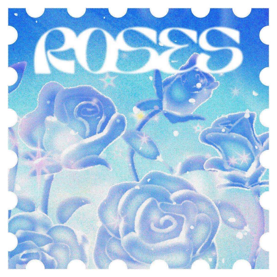 Portada del single «ROSES», de ZEROBASEONE: rosas celestes ilustradas con brillos, dentro de un marco con bordes de estampilla y el título en letras blancas