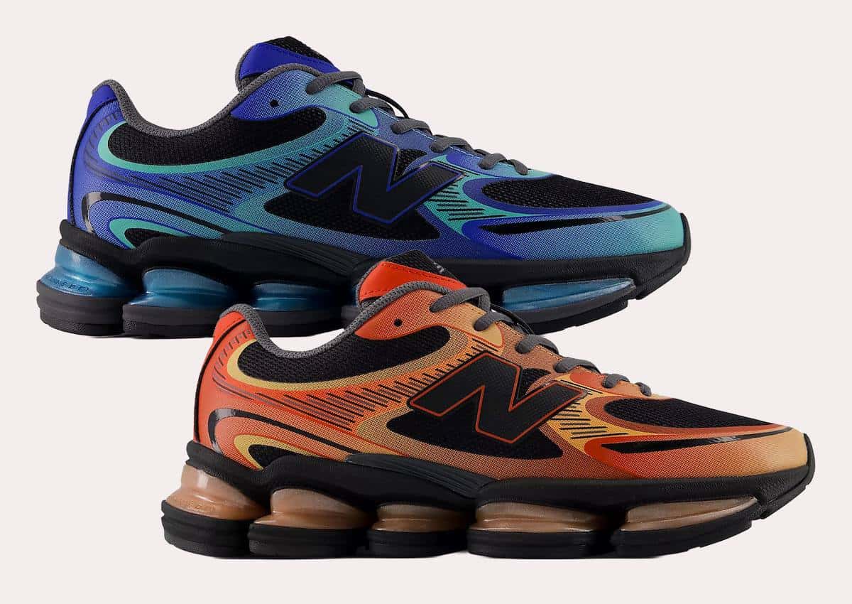 Las dos New Balance 2000 del Metallic Pack, una en azul y verde agua y otra en naranja y rojo, ambas con malla negra, sobre fondo claro